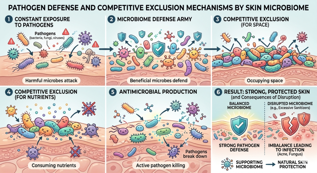 Pathogen Defense and Competitive Exclusion Mechanisms by Skin Microbiome